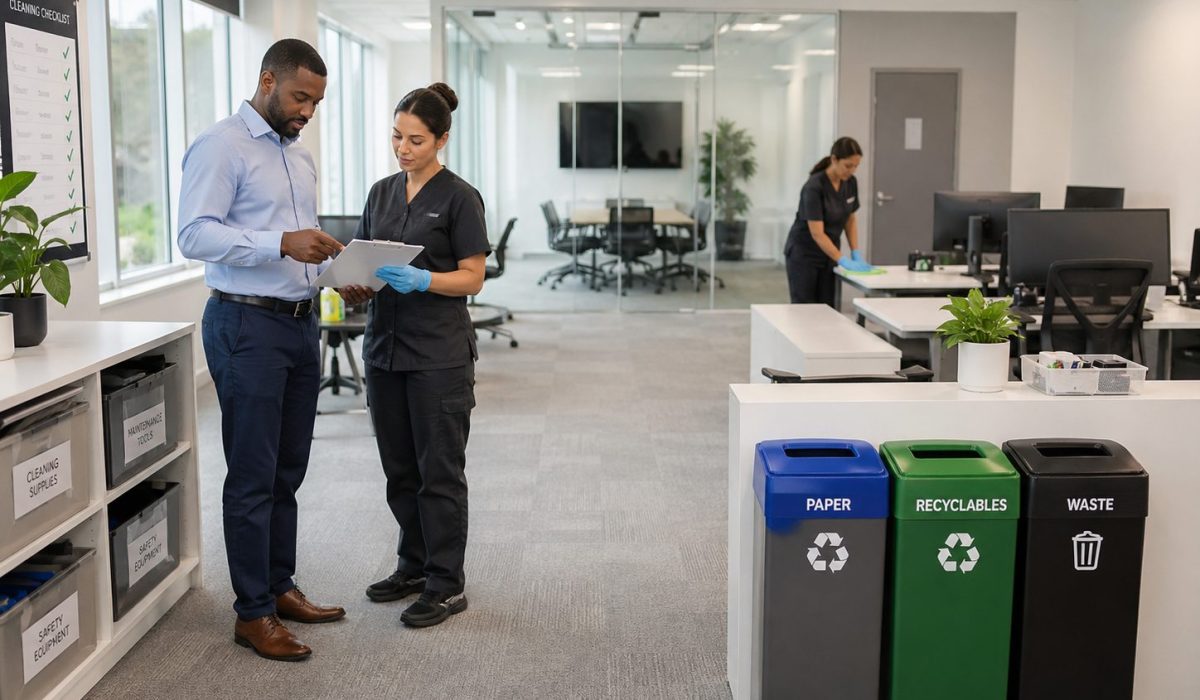 Organisation interne facilitant l’entretien de bureaux dans un espace de travail moderne avec checklist, agents de nettoyage et tri des déchets.