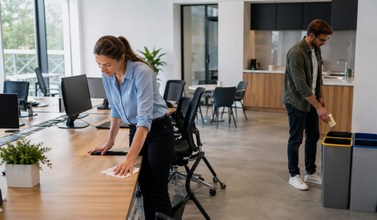 Employés adoptant de bonnes habitudes quotidiennes pour maintenir la propreté des bureaux dans un espace de travail moderne