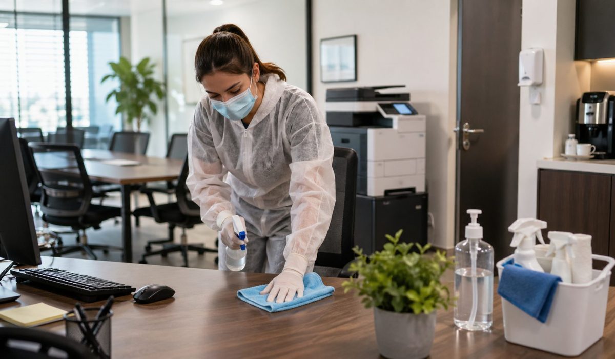 Agent de nettoyage désinfectant un bureau professionnel après un épisode viral