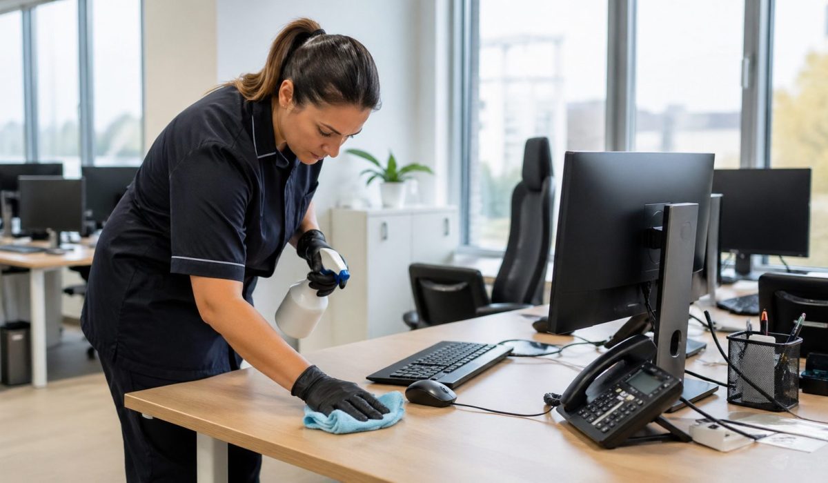 Agent d’entretien nettoyant un poste de travail dans des bureaux après plusieurs absences pour maladie