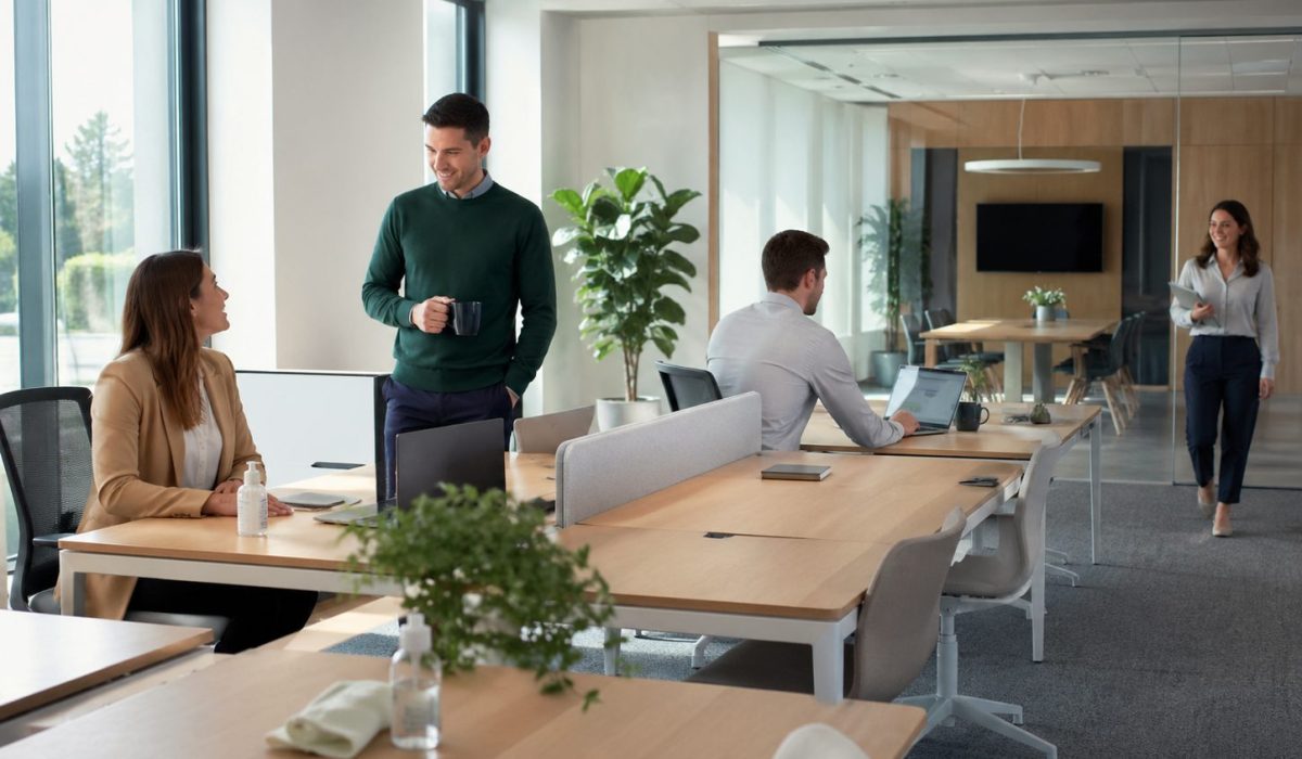Bureaux modernes propres et lumineux rassurant les collaborateurs après une période sensible