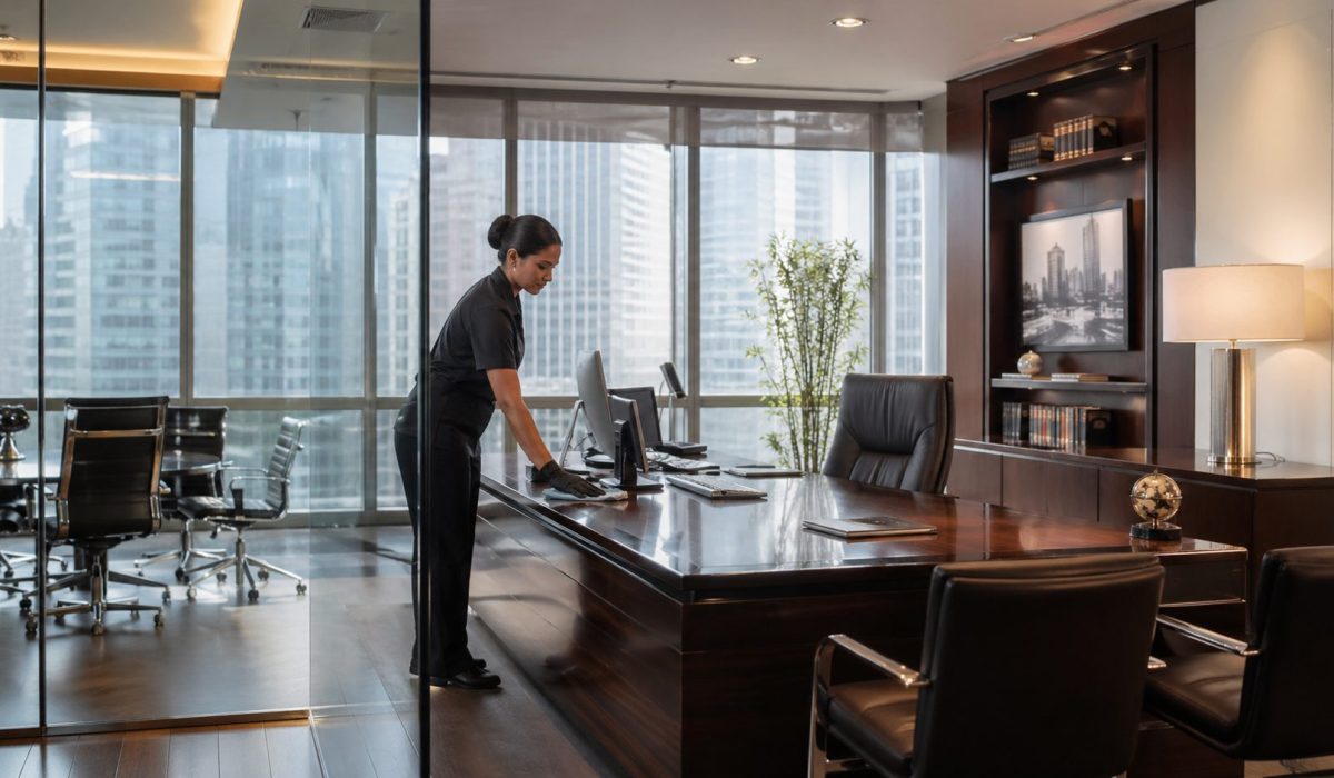 Agent d’entretien nettoyant avec soin un bureau de direction moderne et haut de gamme