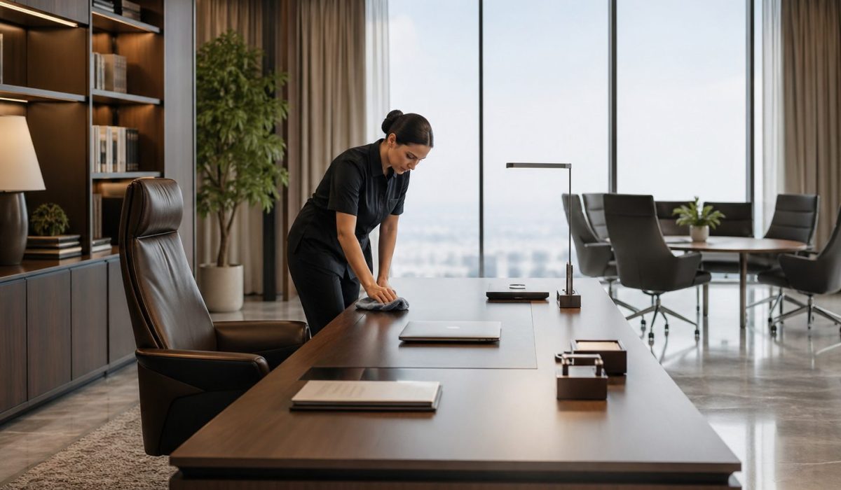 Agent d’entretien nettoyant discrètement un bureau de direction moderne et élégant avec une microfibre