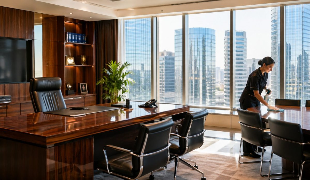 Agent d’entretien nettoyant une table de réunion dans un bureau de direction moderne et haut de gamme