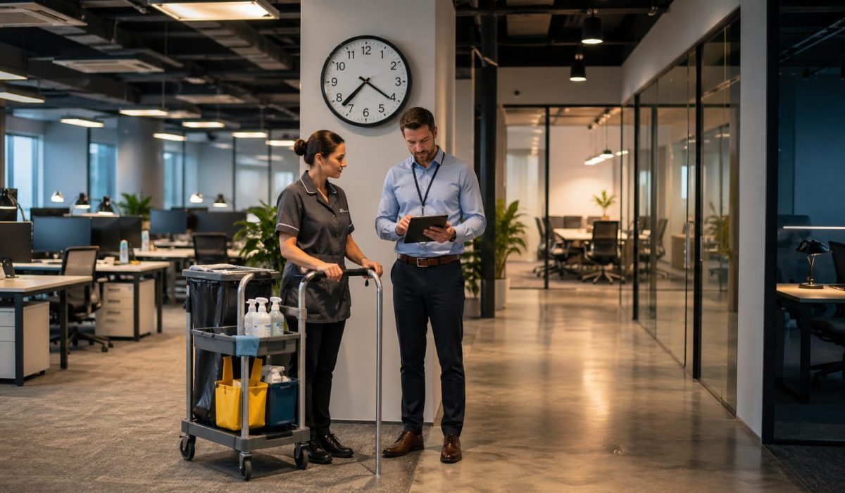 Agent de nettoyage et responsable organisant les horaires de nettoyage dans des bureaux modernes
