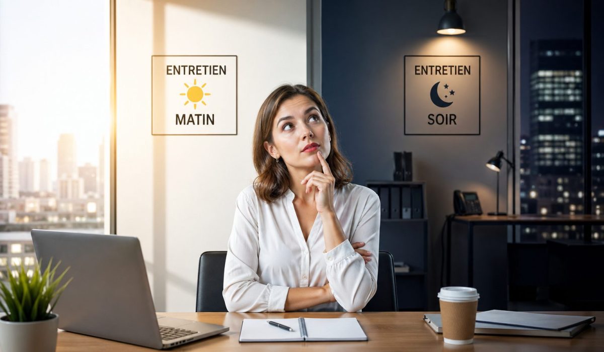 Femme dans un bureau moderne hésitant entre un entretien de bureaux le matin ou le soir