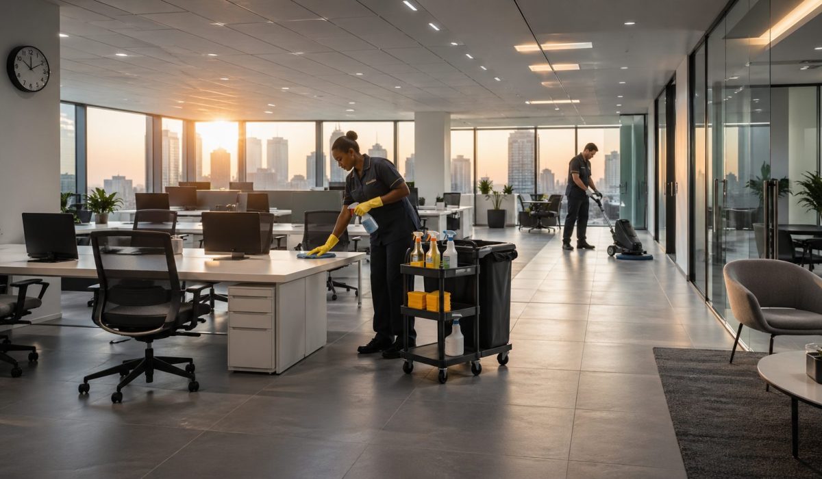 Agent d’entretien nettoyant des bureaux modernes à un créneau adapté pour maintenir la propreté des espaces de travail