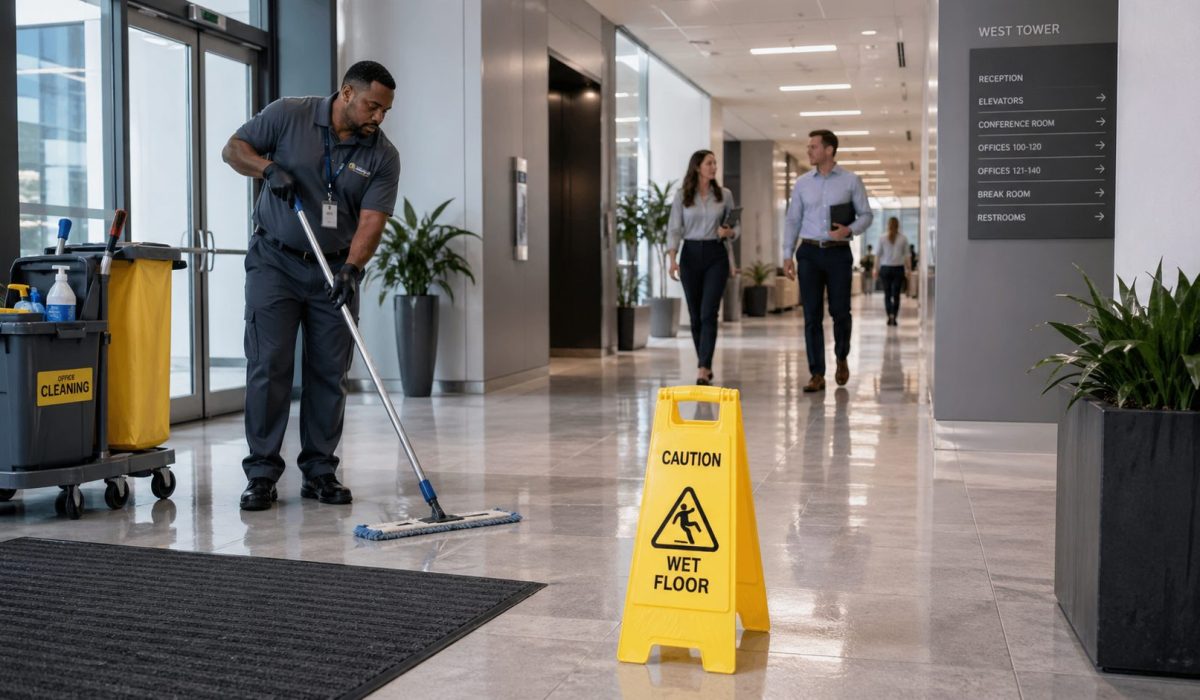 Agent d’entretien nettoyant le sol d’un bureau avec un panneau de signalisation pour prévenir les risques de glissade