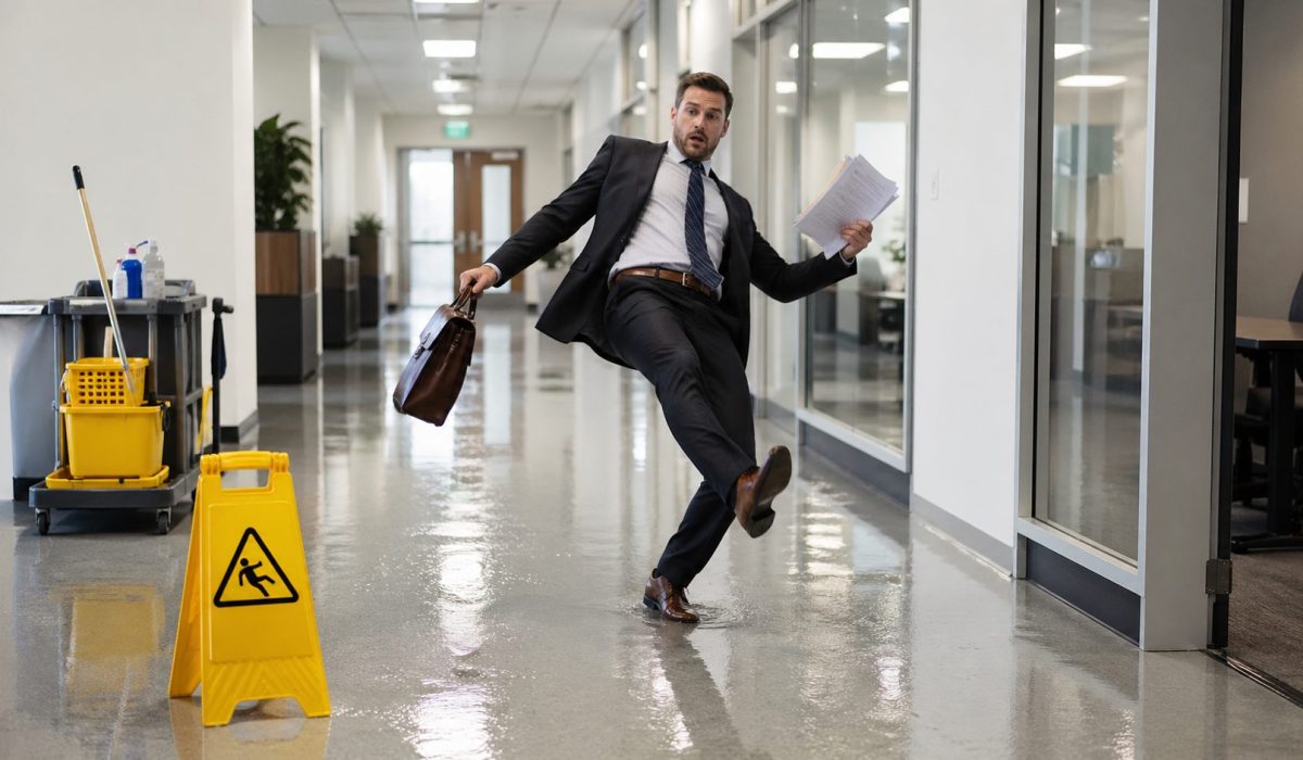 Homme glissant sur un sol de bureau encore humide après un nettoyage mal séché avec panneau de danger