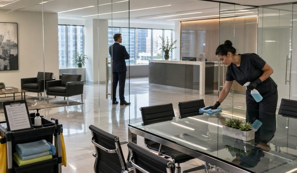 Nettoyage professionnel d’une salle de réunion moderne avant une visite d’investisseurs