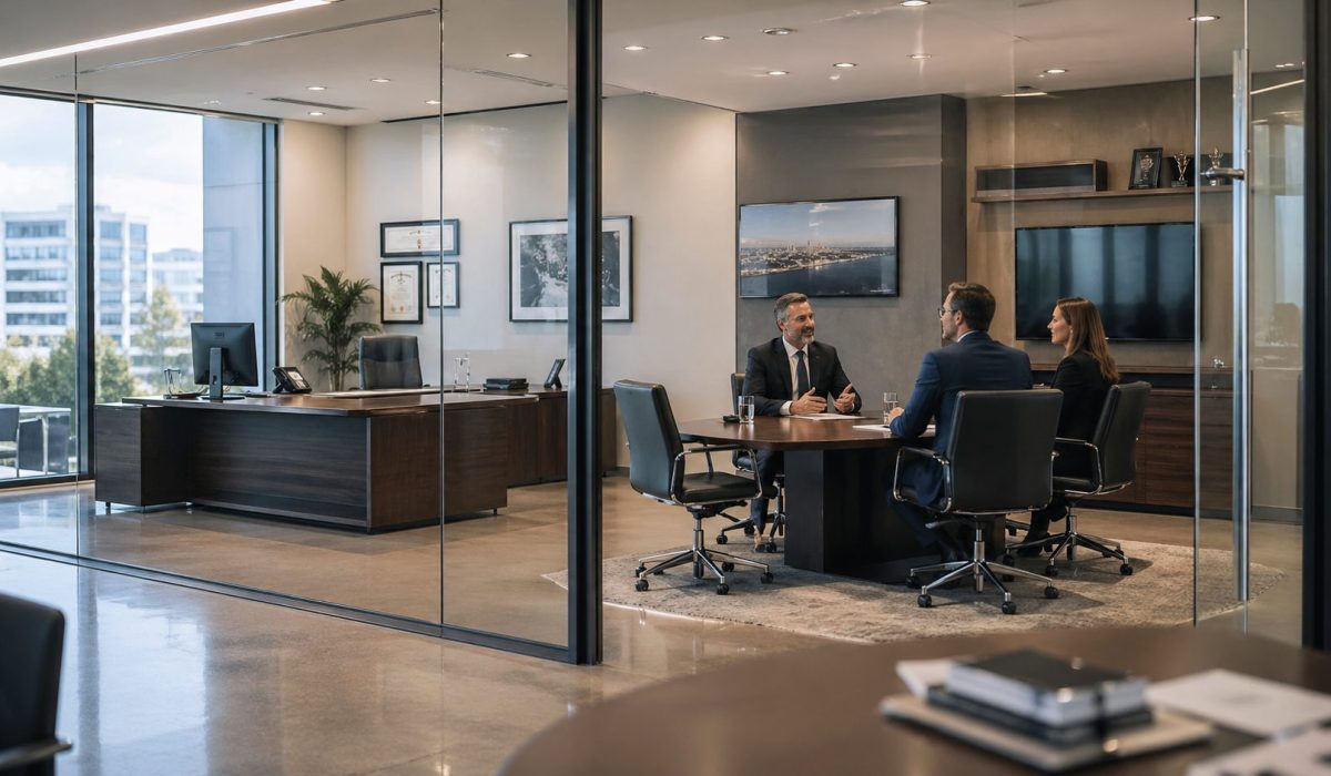 Bureaux modernes et impeccablement propres illustrant la crédibilité d’une direction auprès de clients en réunion professionnelle