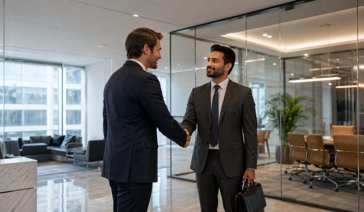 Deux professionnels se serrent la main dans des bureaux modernes, propres et soignés, illustrant l’impact de l’entretien des locaux sur l’impression d’un partenaire