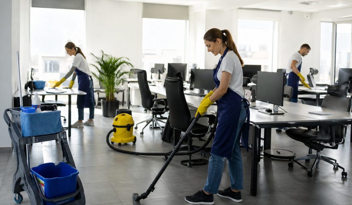 Équipe de nettoyage professionnel entretenant des bureaux modernes pour optimiser le budget de nettoyage en entreprise