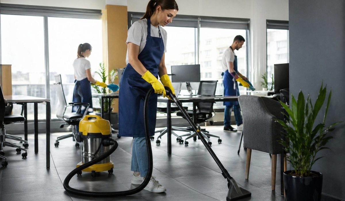 Agent d’entretien nettoyant un bureau moderne pour améliorer la qualité des locaux et mesurer le retour sur investissement du nettoyage professionnel