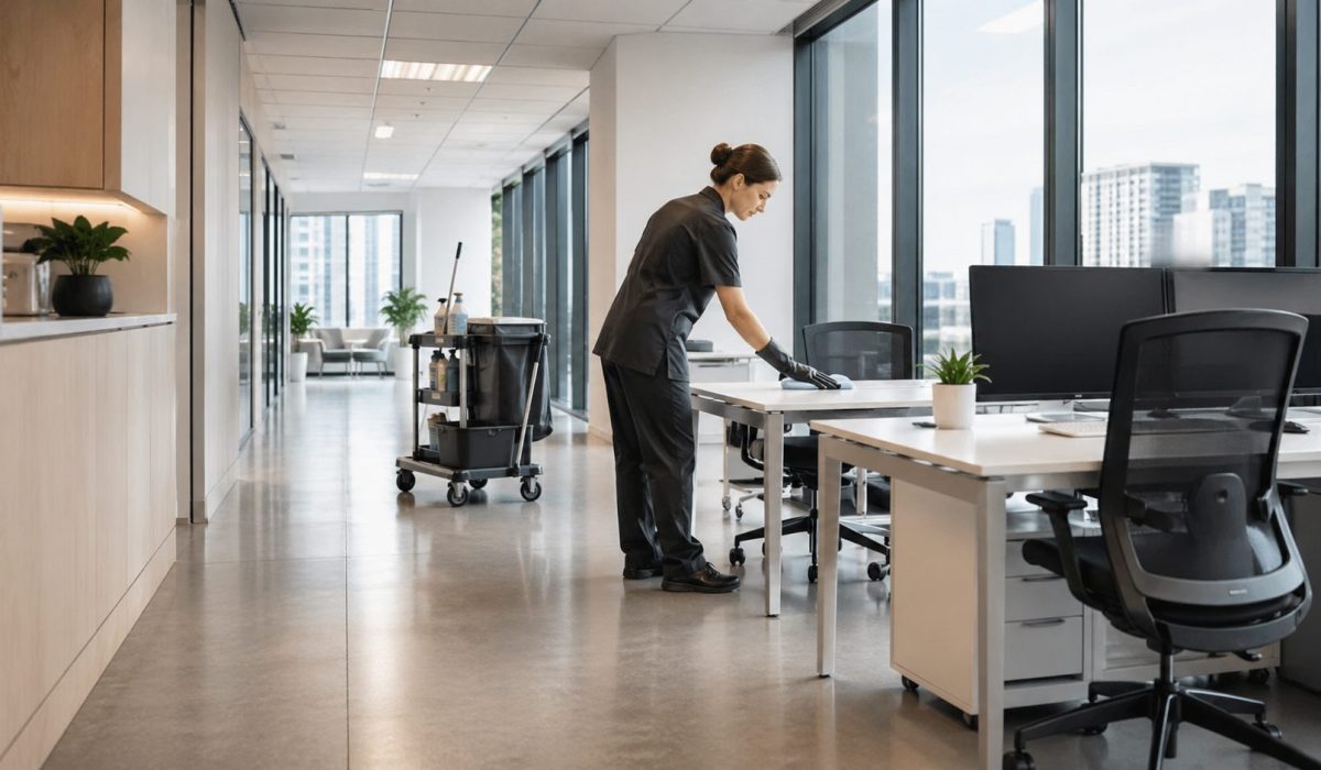 Agent d’entretien nettoyant un bureau moderne pour préserver la propreté des locaux et éviter les dépenses de remise en état