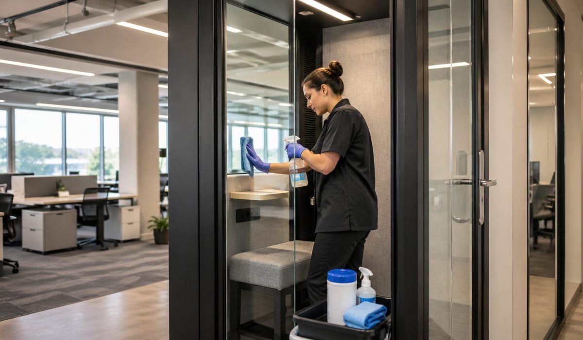 Agent de nettoyage désinfectant une cabine téléphonique vitrée dans un bureau moderne