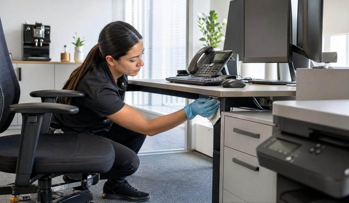 Agent de nettoyage désinfectant les zones peu visibles sous un bureau professionnel