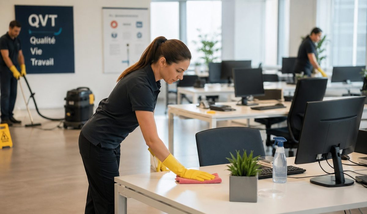 Agents de nettoyage entretenant des bureaux modernes pour améliorer l’hygiène, le confort et la qualité de vie au travail.
