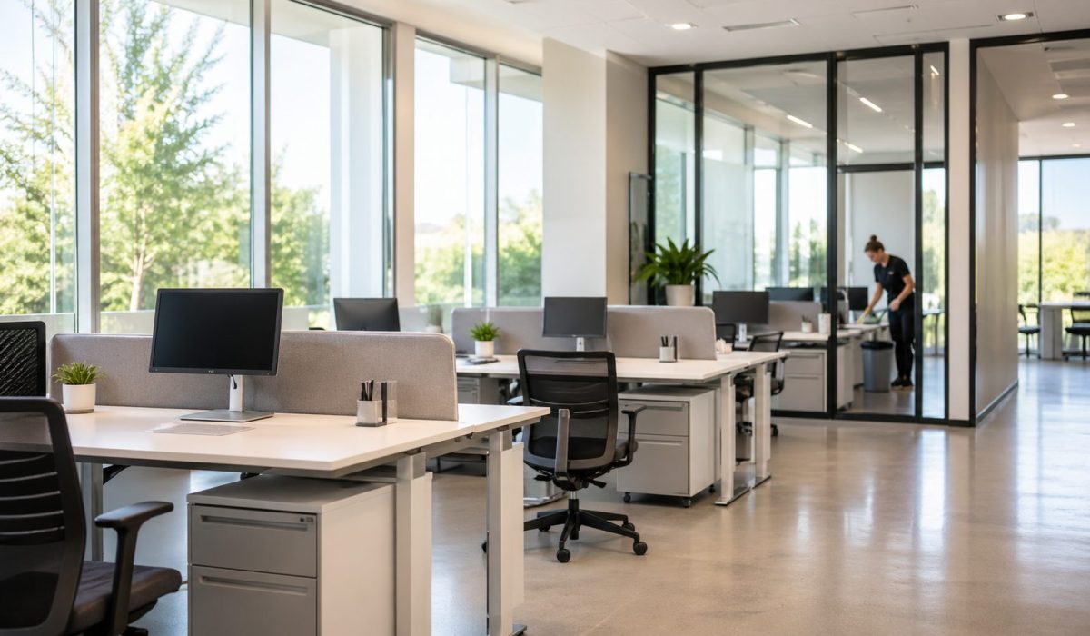 Bureau moderne propre et bien rangé illustrant l’impact d’un entretien régulier sur la réduction du sentiment de désordre