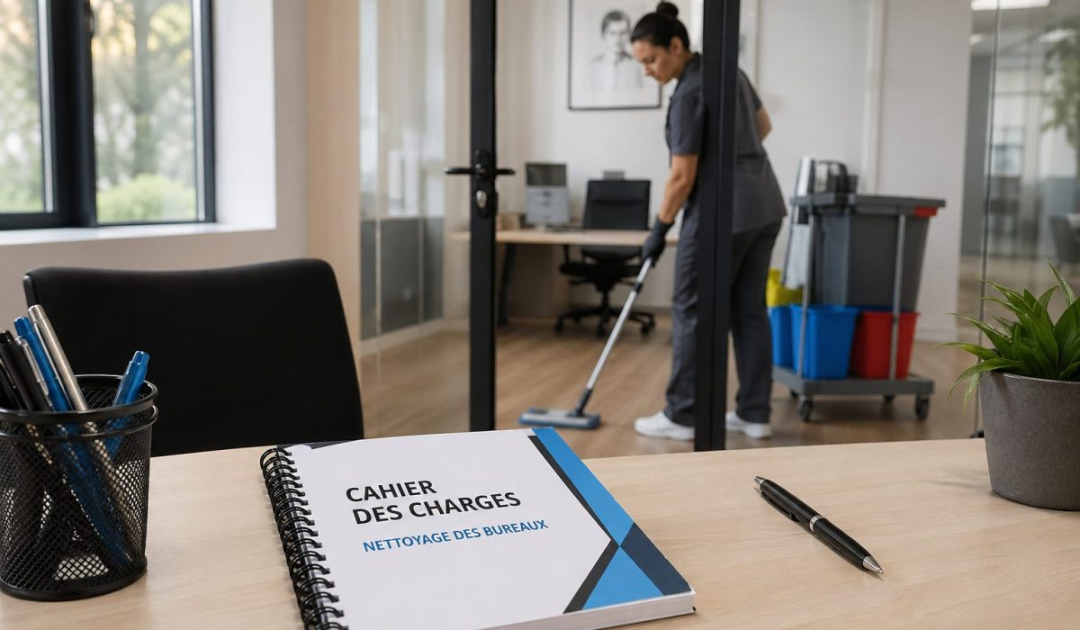 Cahier des charges de nettoyage de bureaux posé sur un bureau avec une agente d’entretien en arrière-plan