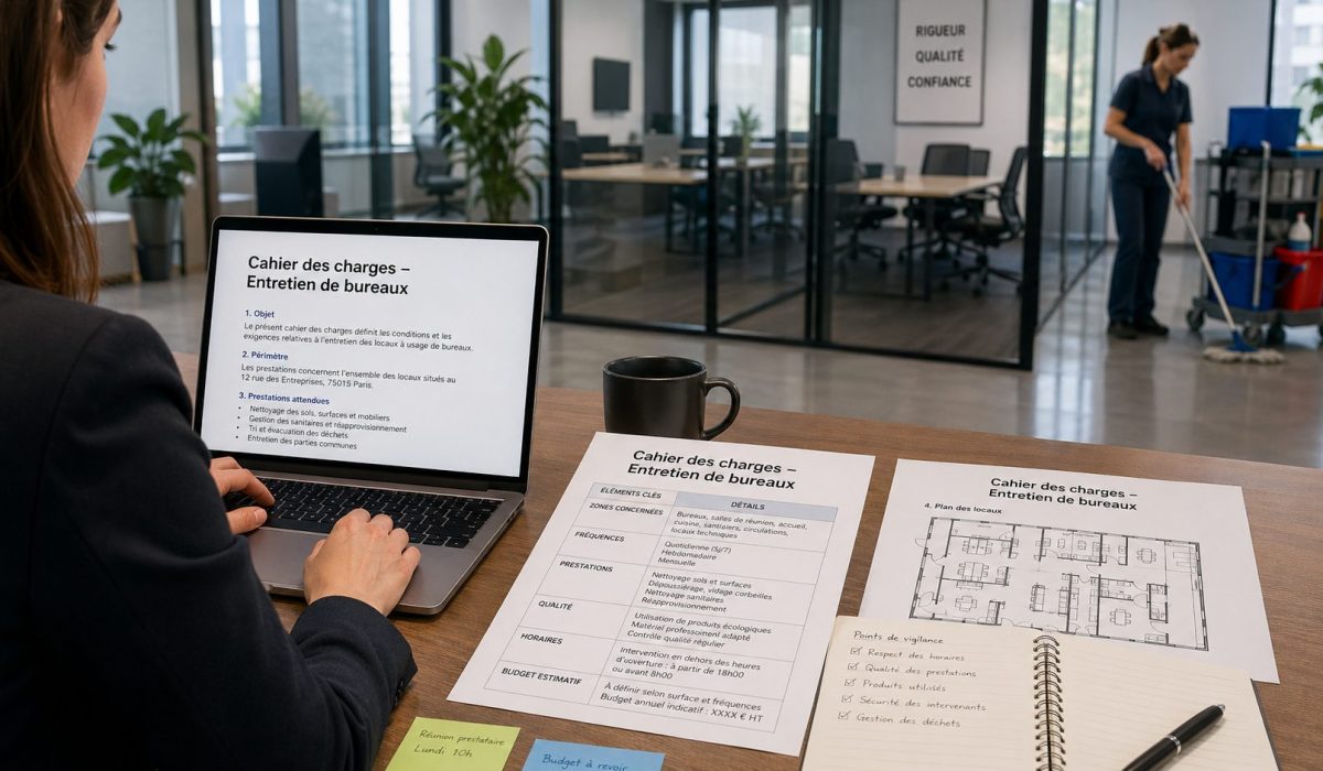 Rédaction d’un cahier des charges d’entretien de bureaux avec documents, plan des locaux et agent de nettoyage professionnel dans un bureau moderne