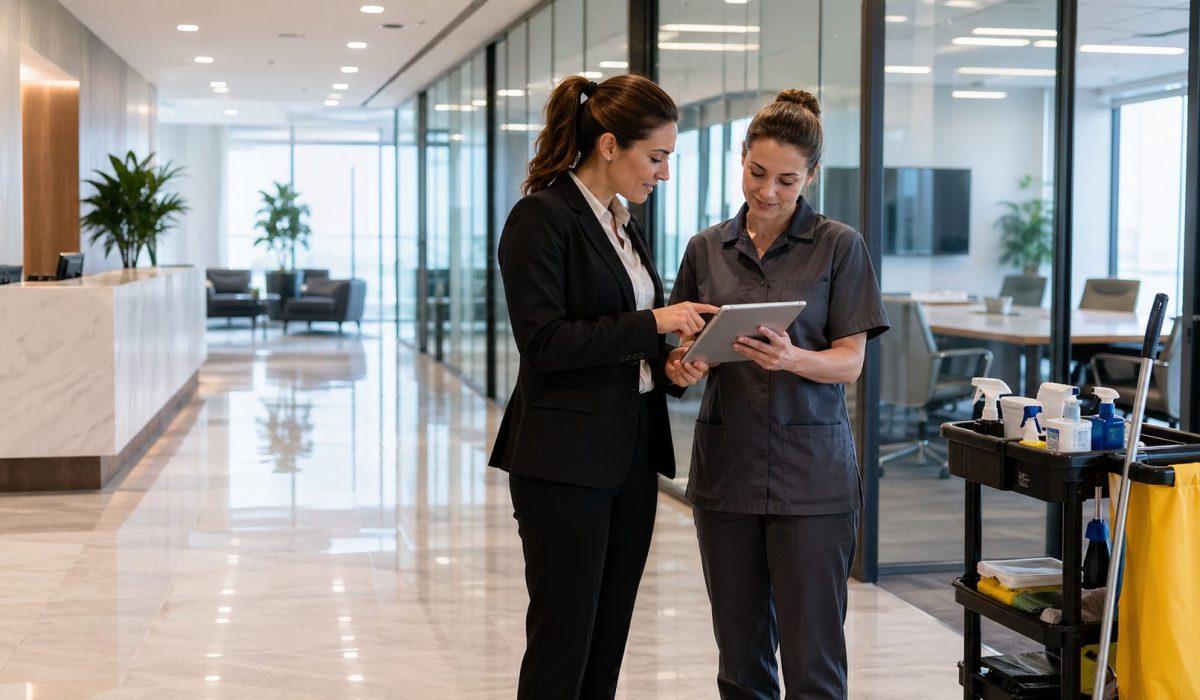 Responsable de bureau et agente de nettoyage définissant les attentes de propreté dans des bureaux professionnels modernes