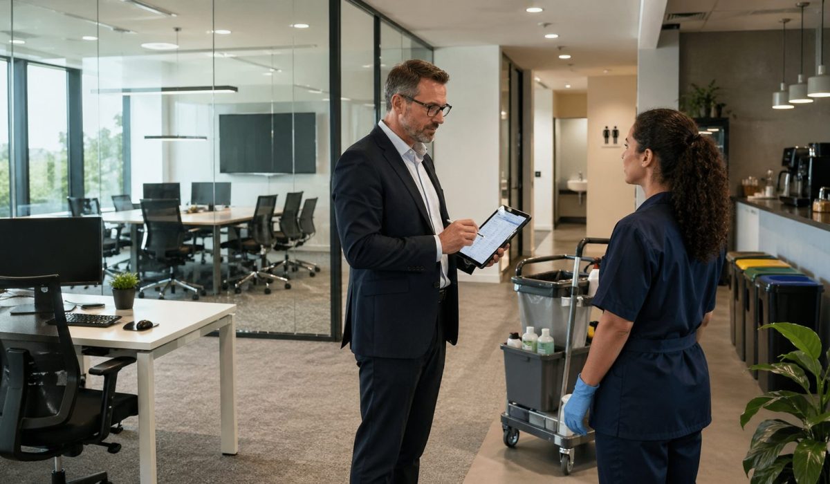Responsable et agent d’entretien évaluant les besoins de propreté dans des bureaux modernes