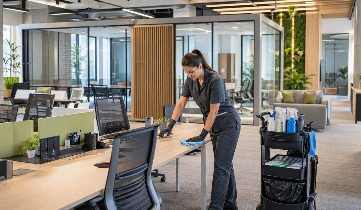 Agent d’entretien nettoyant un poste de travail dans des bureaux modernes après un réaménagement