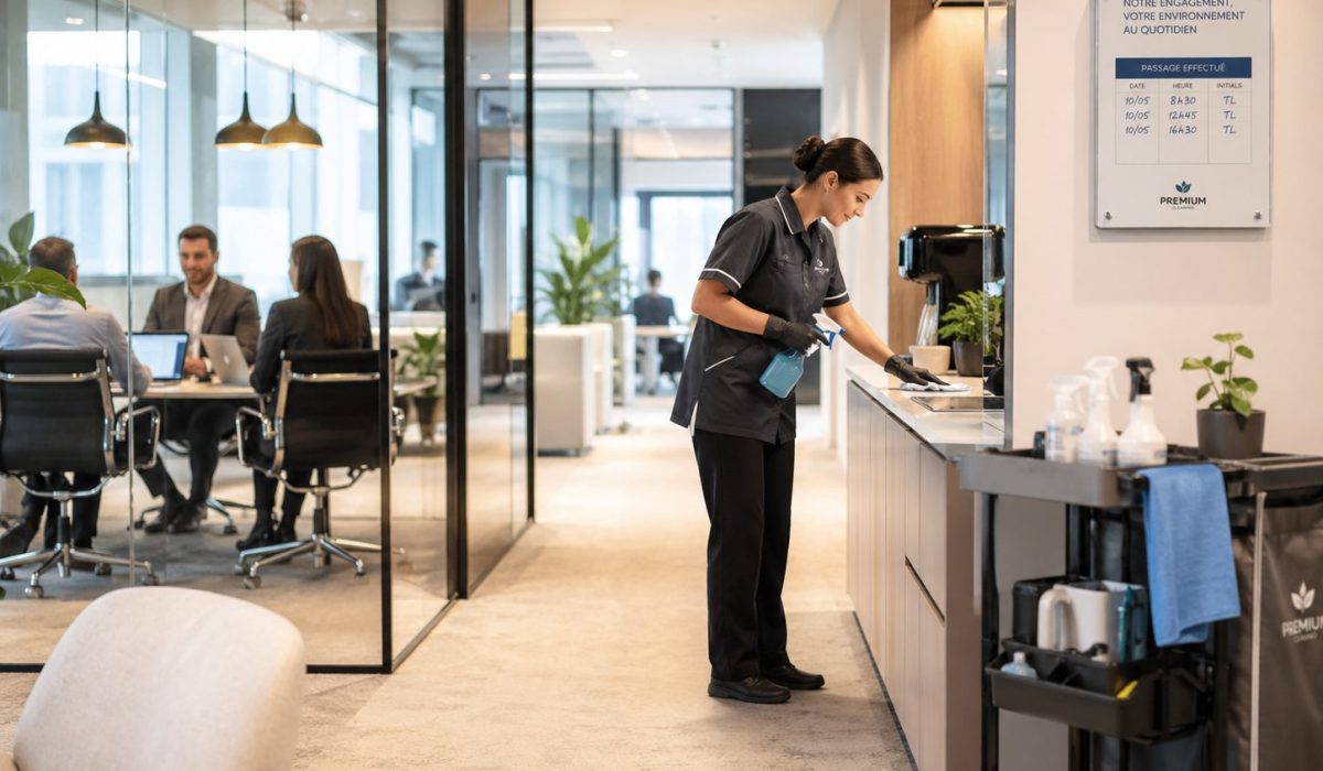 Agent de nettoyage intervenant discrètement dans des bureaux modernes pendant que les collaborateurs travaillent en salle de réunion