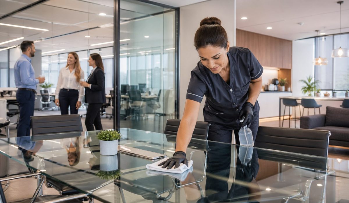 Agent d’entretien nettoyant une table vitrée dans des bureaux modernes pendant que des collaborateurs échangent en arrière-plan