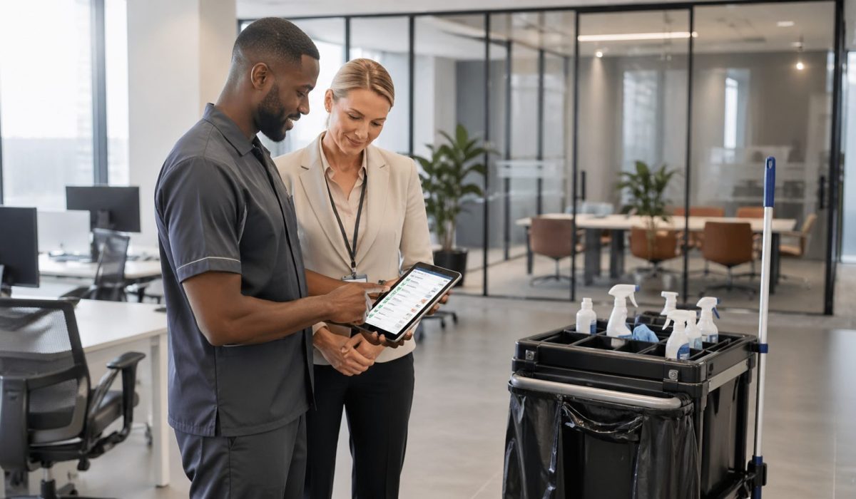 Agent de propreté et responsable de bureau vérifiant le suivi du nettoyage sur tablette dans des bureaux modernes propres