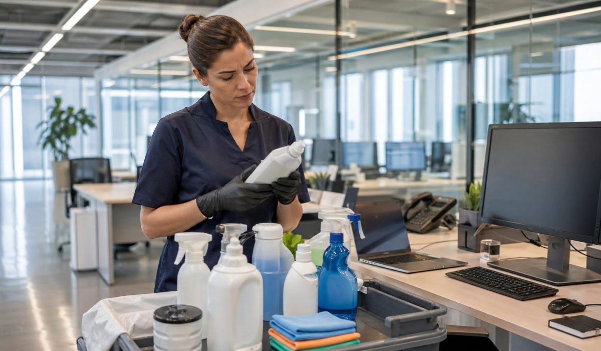 Agent d’entretien choisissant des produits adaptés pour le nettoyage de bureaux sensibles avec équipements informatiques