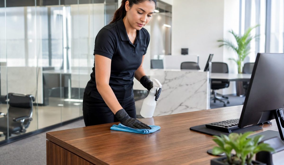 Agent d’entretien nettoyant délicatement un bureau en bois avec une microfibre pour protéger les surfaces fragiles