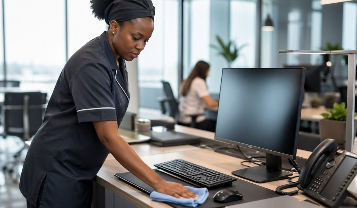Agent d’entretien nettoyant soigneusement un bureau moderne avec du matériel informatique protégé