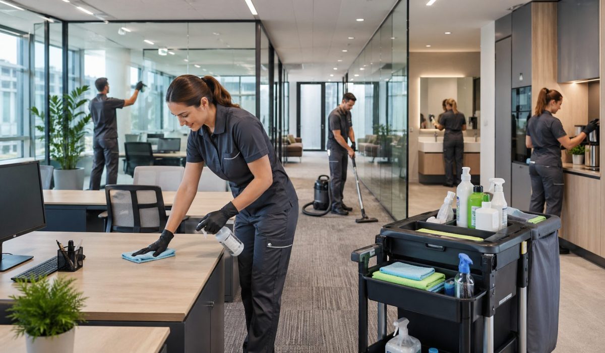 Agent de nettoyage professionnel entretenant des bureaux modernes dans un immeuble tertiaire avec matériel spécialisé
