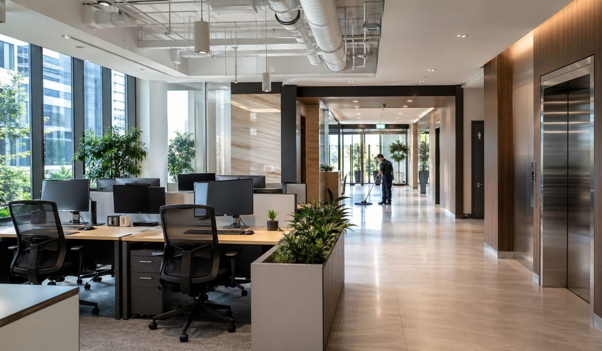 Bureaux modernes propres avec agent d’entretien dans les parties communes d’un immeuble professionnel