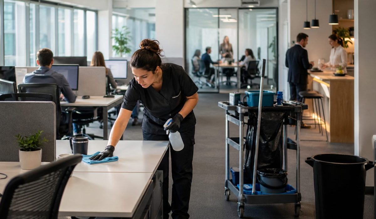 Agent d’entretien nettoyant un bureau moderne occupé pendant une période de forte activité