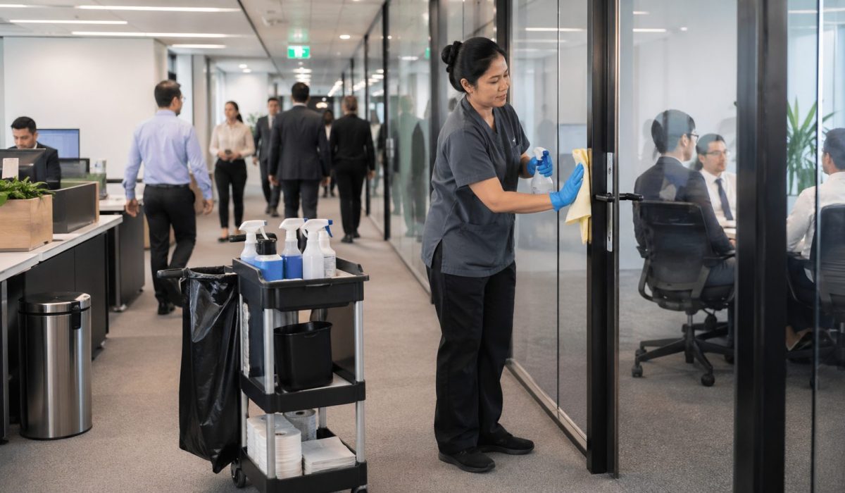 Agent d’entretien nettoyant une porte vitrée dans des bureaux très fréquentés avec des salariés en réunion et en circulation