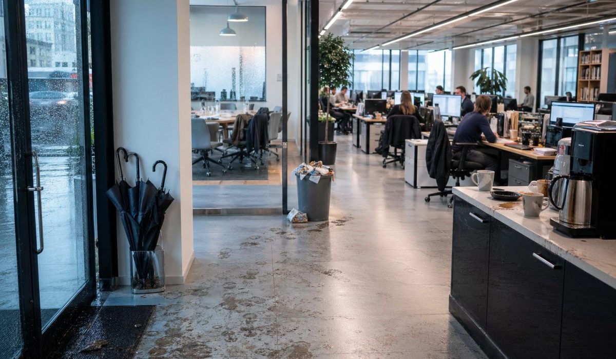 Bureau moderne en période pluvieuse avec traces de pas, parapluies humides, poubelle pleine et espaces de travail très fréquentés.