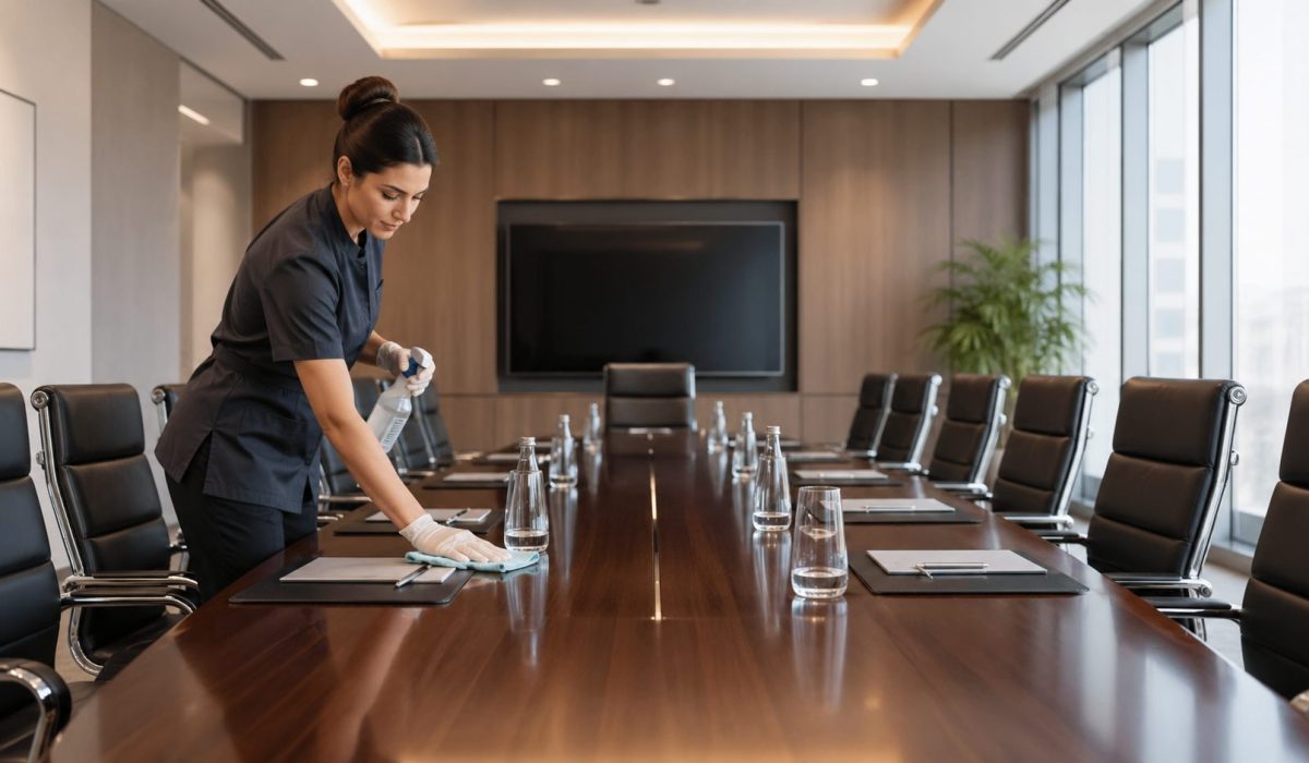 Agent d’entretien nettoyant une salle de réunion professionnelle avant une réunion stratégique