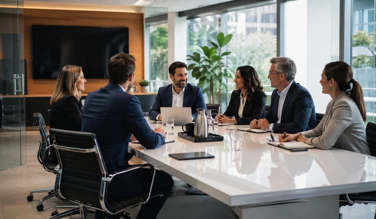 Réunion professionnelle dans un bureau propre et lumineux favorisant la concentration et le confort des participants