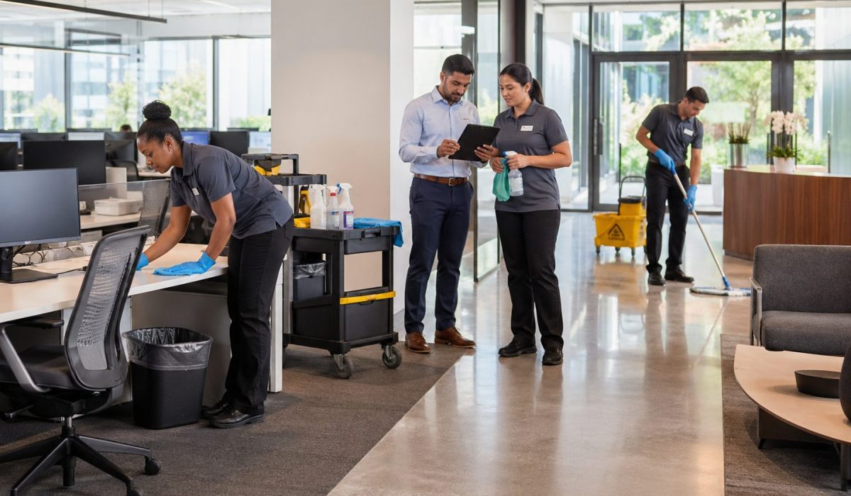 Équipe de nettoyage coordonnant l’entretien des bureaux et des parties communes dans un espace professionnel moderne