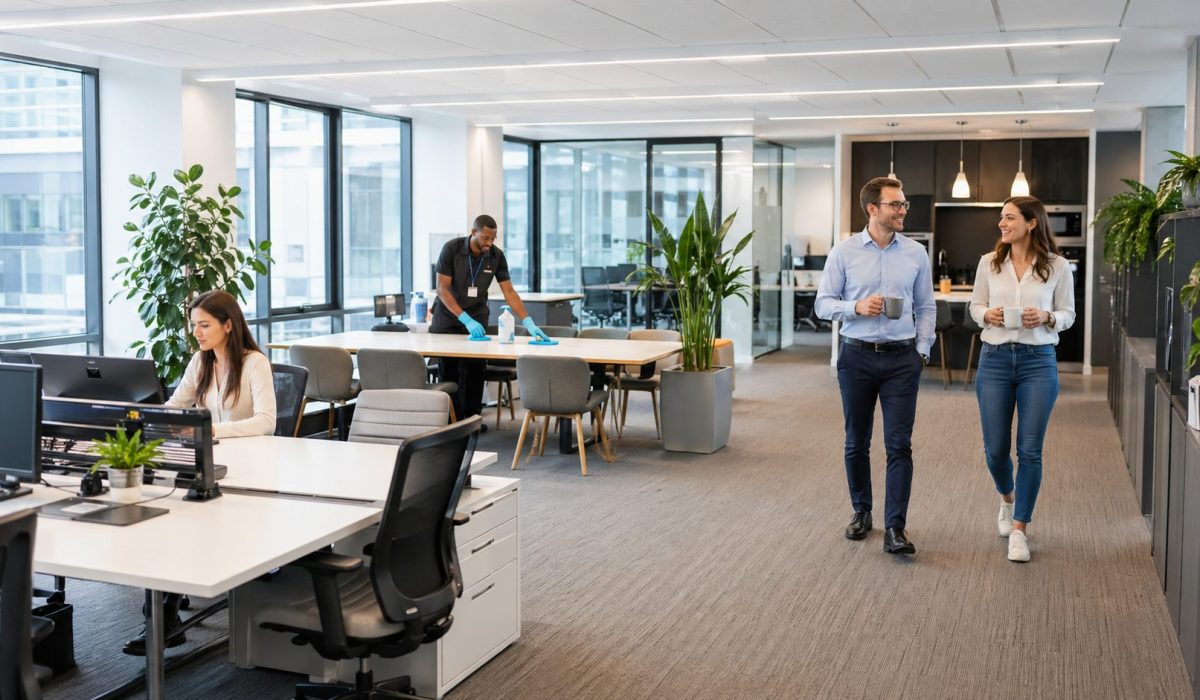 Agent de nettoyage entretenant une salle de réunion dans des bureaux modernes pendant que des salariés travaillent dans un espace propre et agréable.