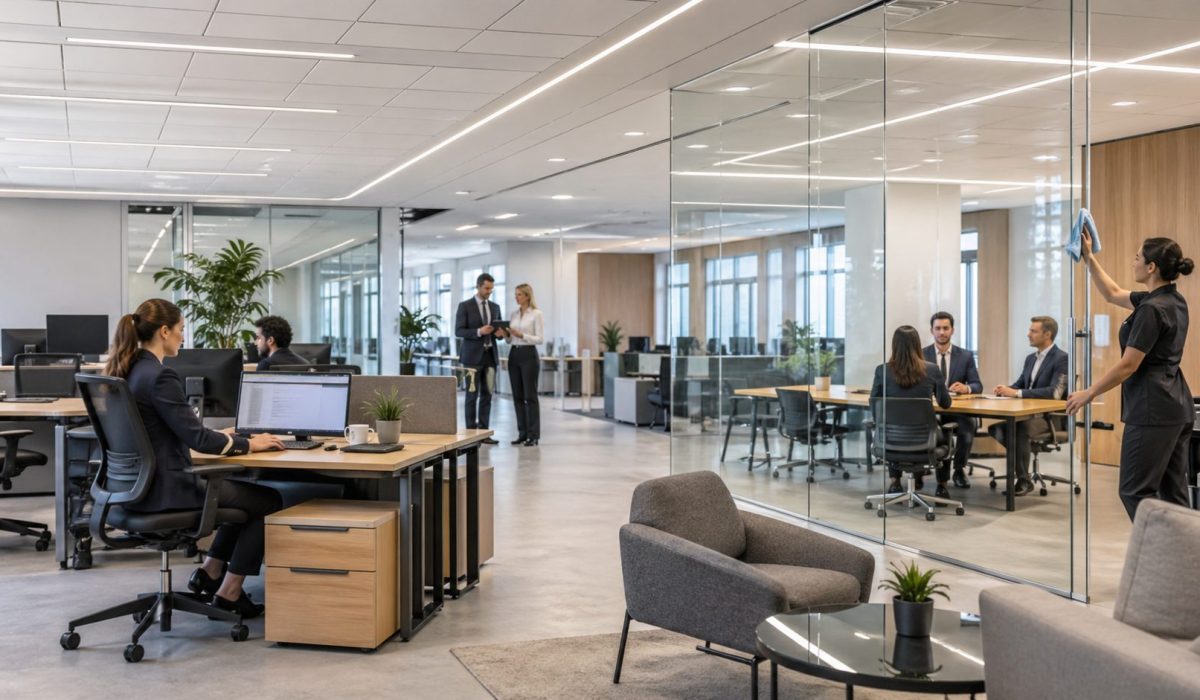Bureaux d’entreprise modernes et propres avec salariés au travail et agent d’entretien nettoyant une cloison vitrée