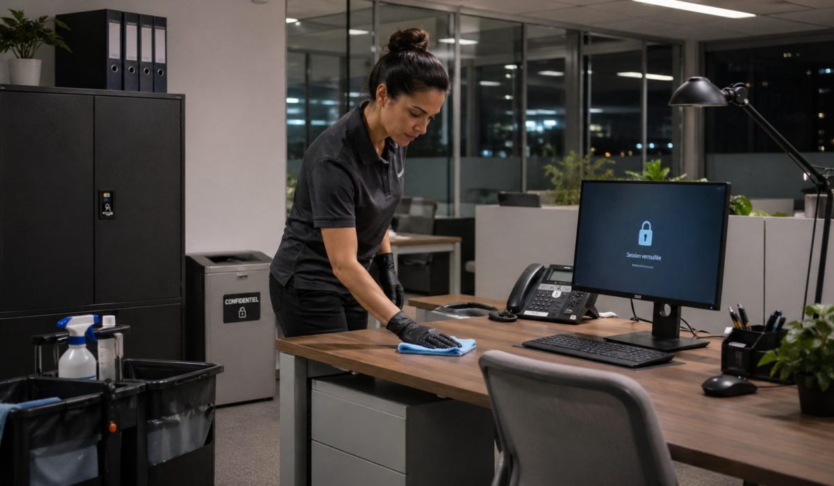 Agent de nettoyage entretenant un bureau professionnel avec écran verrouillé, armoire sécurisée et bac confidentiel pour protéger les données sensibles.
