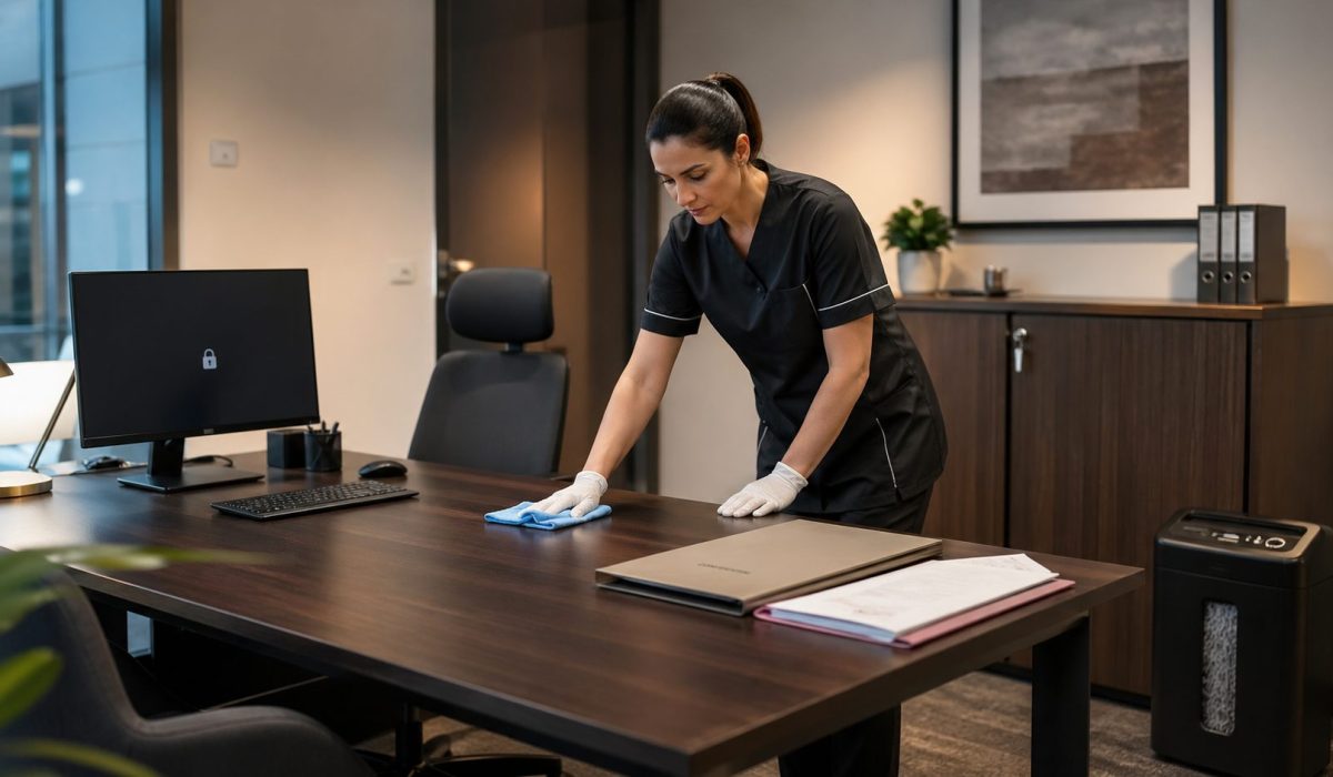 Agent d’entretien nettoyant un bureau professionnel sans toucher aux documents sensibles confidentiels