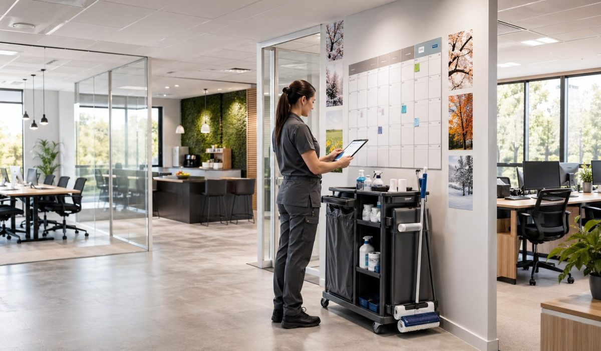 Agent de nettoyage professionnel planifiant l’entretien annuel des bureaux dans un espace de travail moderne et propre