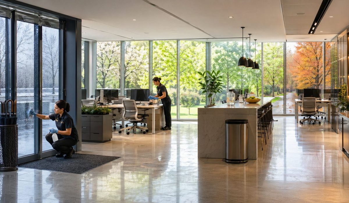Nettoyage professionnel de bureaux modernes adapté aux saisons avec entretien des sols, vitres, espaces de travail et zones communes.