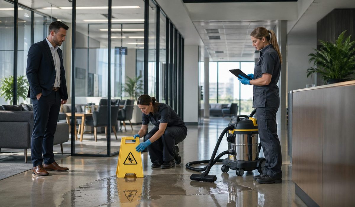 Agent de nettoyage professionnel intervenant dans des bureaux modernes avec une équipe réactive et organisée