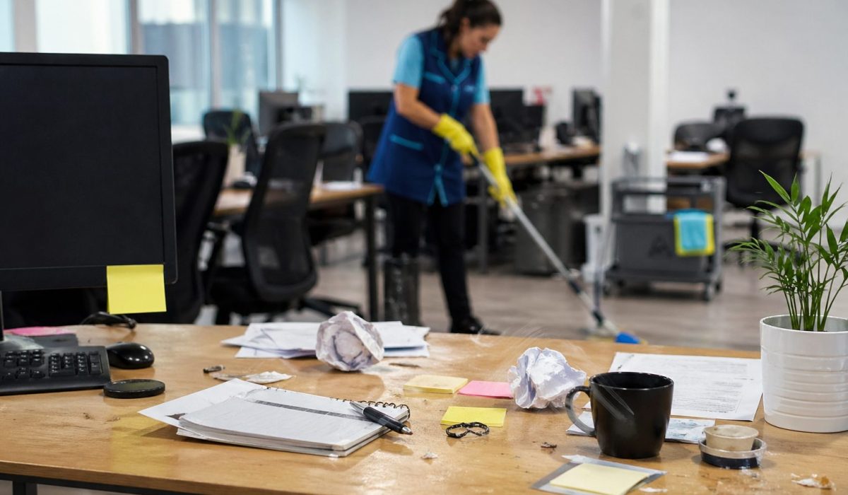 Agent de nettoyage intervenant dans un bureau désordonné illustrant l’impact d’un manque de réactivité du prestataire sur la propreté des locaux professionnels